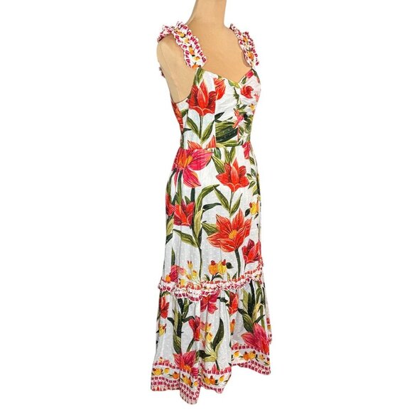 FARM RIO Cashew Floral Tiered Midi Dress Sz.M White Ruffle Garden Tropical - Picture 4 of 15